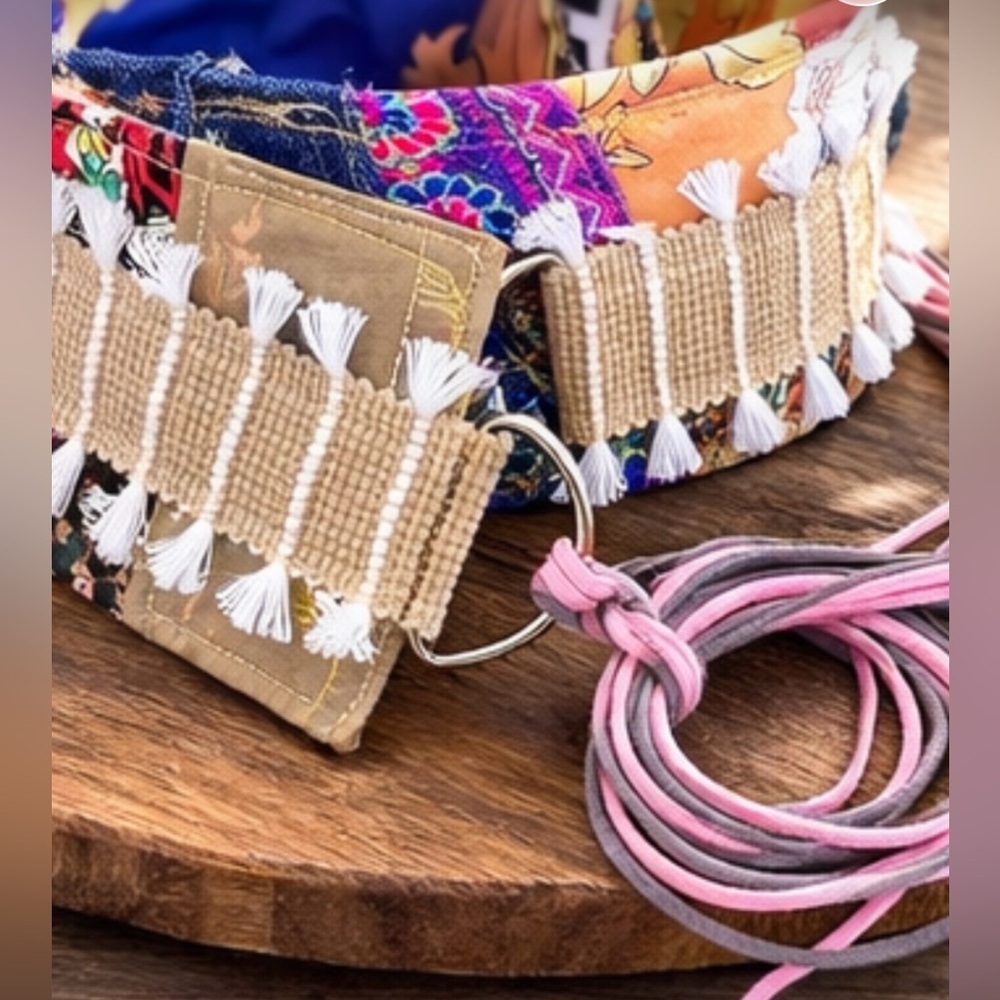 Artisan Signed Boho Hippy Fringe Fabric Belt OOAK Adjust/Reverse 38–42 Handmade